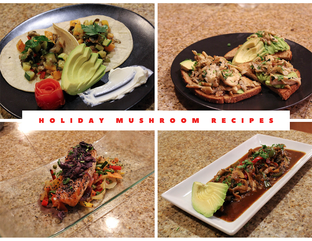 A variety of mushroom dishes, including oyster mushroom tacos, mushroom avocado toast, red wine mushroom salmon, and mushroom stir fry, perfect for a meatless holiday meal.