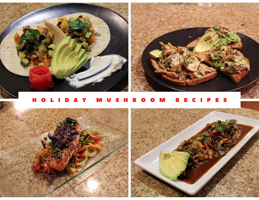 A variety of mushroom dishes, including oyster mushroom tacos, mushroom avocado toast, red wine mushroom salmon, and mushroom stir fry, perfect for a meatless holiday meal.