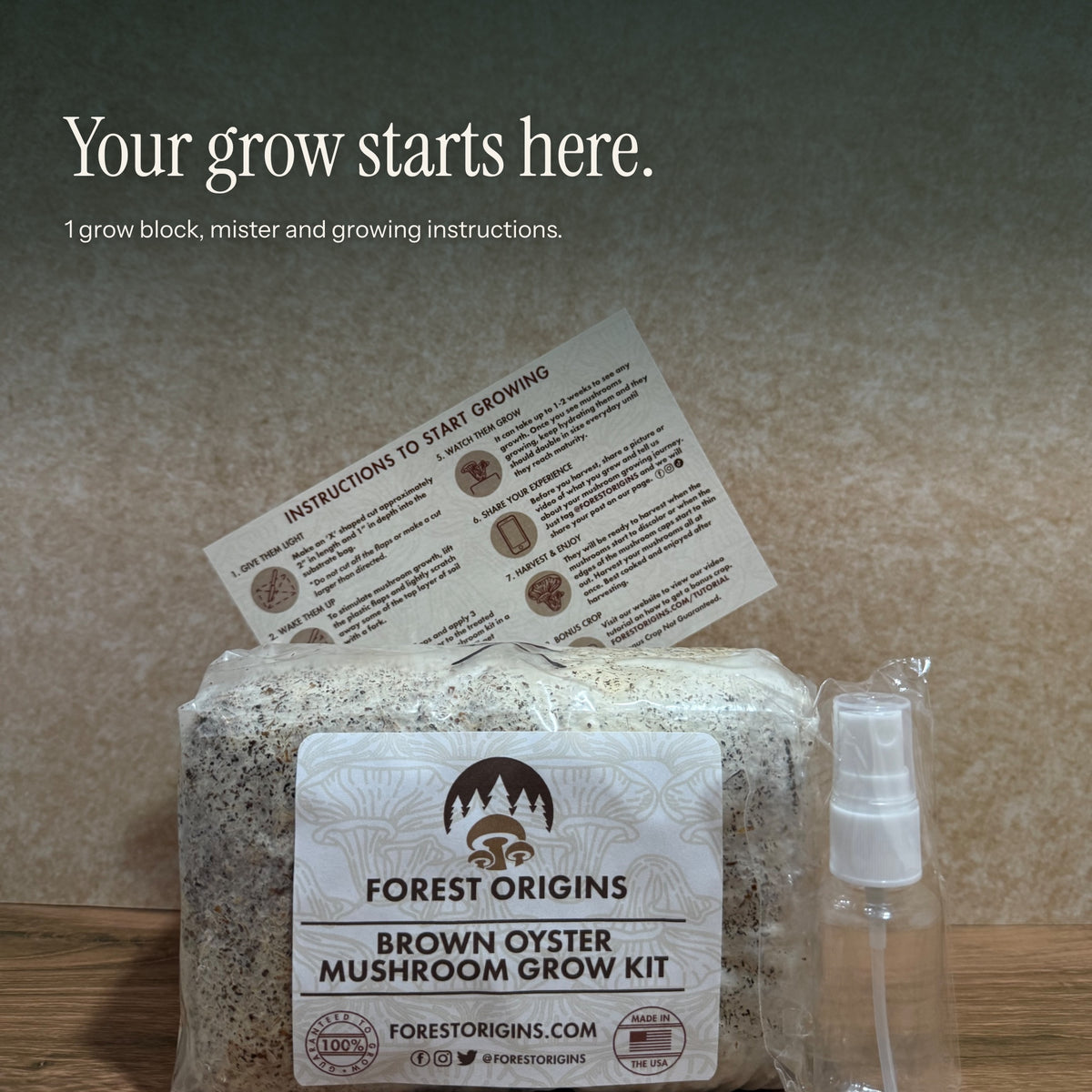 A Brown Oyster grow block with a mister and printed growing instructions.