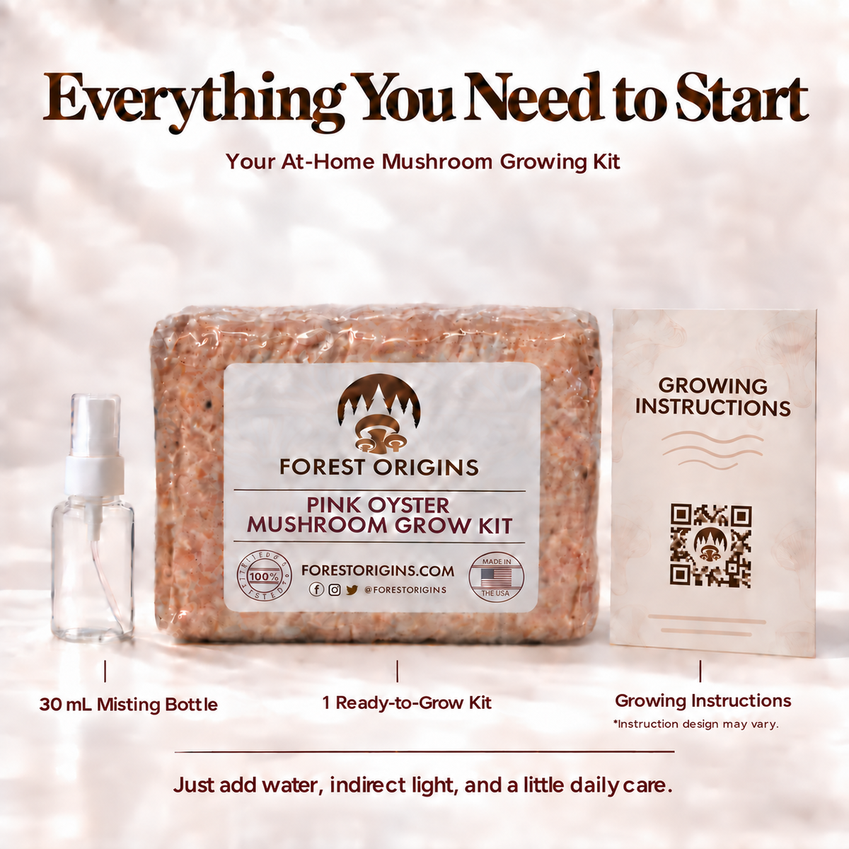 Forest Origins Pink Oyster Mushroom Grow Kit, Indoor Gardening — Kit contents