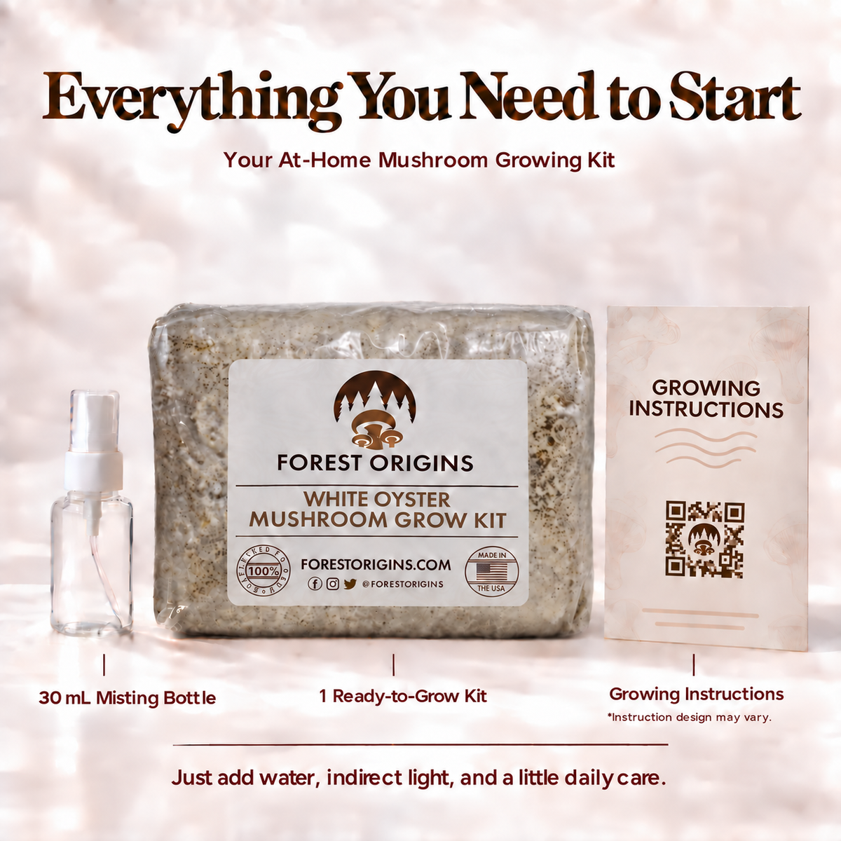 Forest Origins White Oyster Mushroom Grow Kit, Indoor Gardening — Kit contents