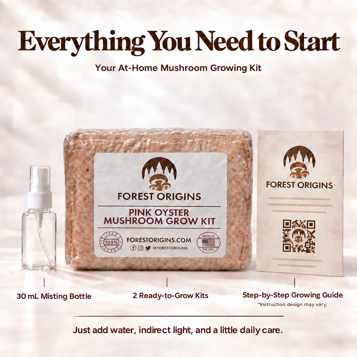 Two-pack contents: ready-to-grow kits, misting bottle, and growing guide