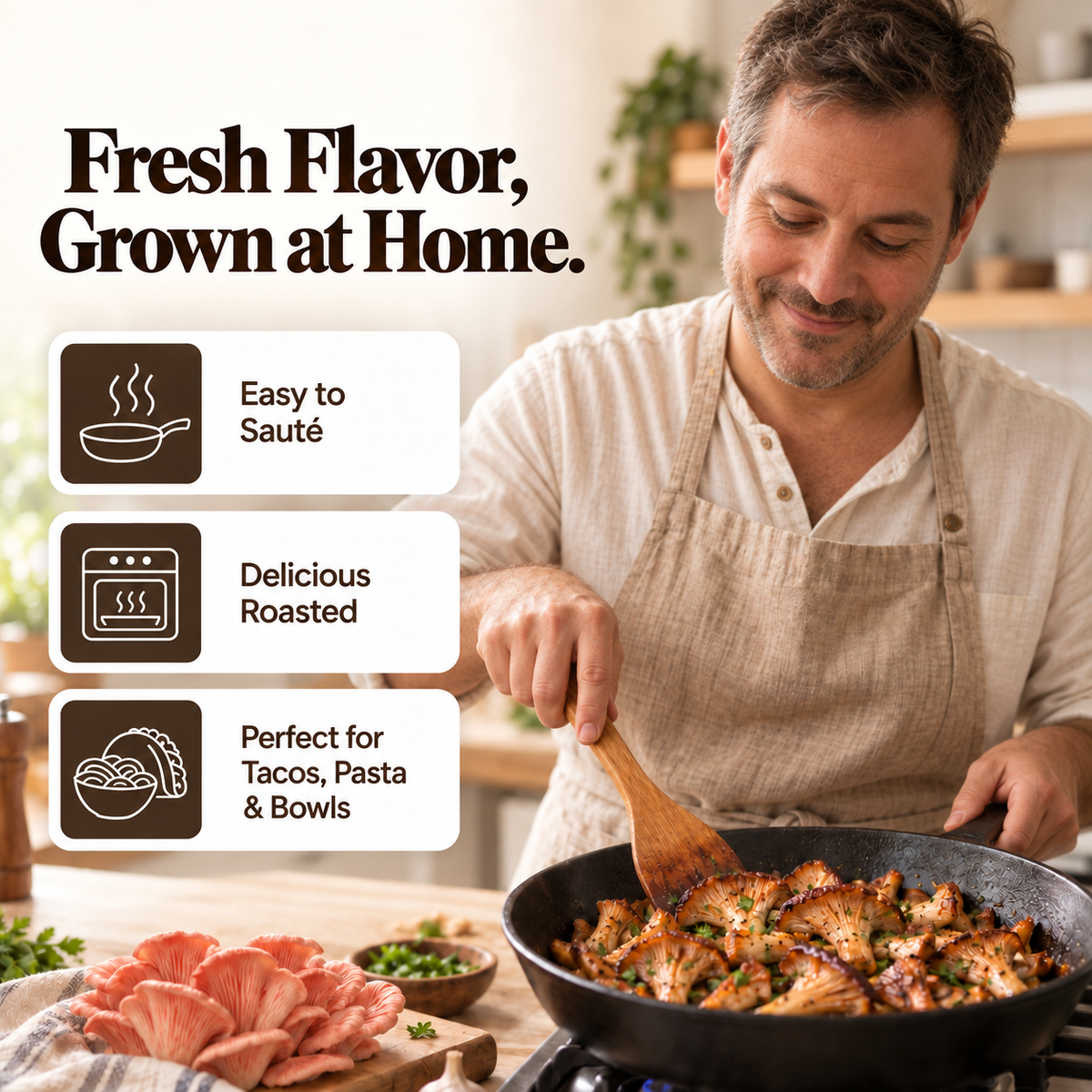 Cooking homegrown pink oyster mushrooms in a skillet